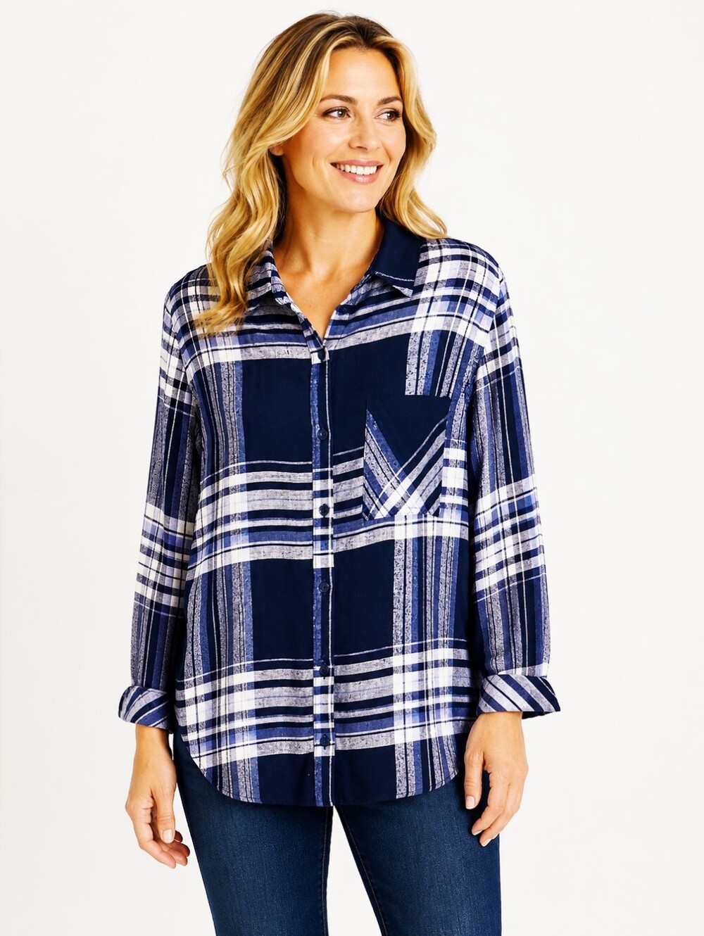 Como Vintage Navy Blue & White Plaid Buttondown Shirt, Size Medium
